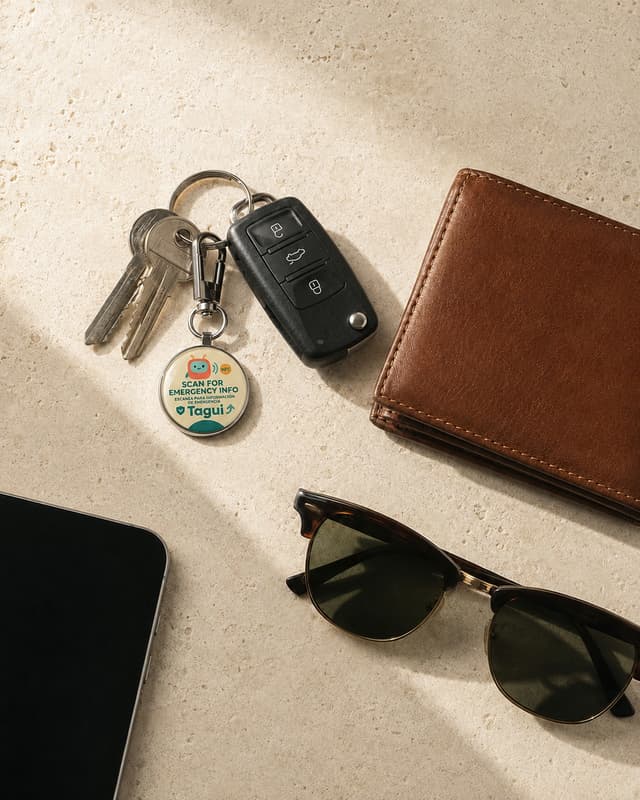 Tagui en las llaves junto a la cartera